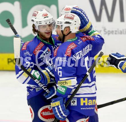 EBEL. Eishockey Bundesliga. EC VSV gegen HDD Telemach Olimpija Ljubljana. Torjubel John Hughes, Gerhard Unterluggauer (VSV). Villach, am 29.9.2013.
Foto: Kuess 


---
pressefotos, pressefotografie, kuess, qs, qspictures, sport, bild, bilder, bilddatenbank