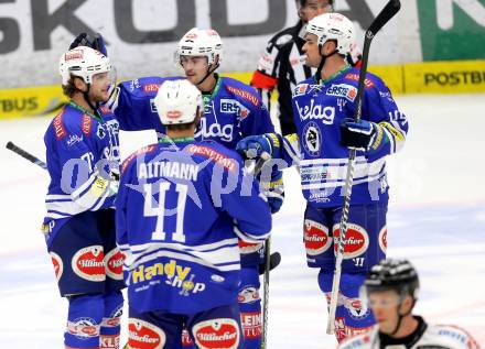 EBEL. Eishockey Bundesliga. EC VSV gegen HDD Telemach Olimpija Ljubljana. Torjubel Curtis Fraser, Klemen Pretnar, John Hughes, Mario Altmann (VSV). Villach, am 29.9.2013.
Foto: Kuess 


---
pressefotos, pressefotografie, kuess, qs, qspictures, sport, bild, bilder, bilddatenbank