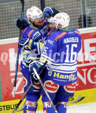 EBEL. Eishockey Bundesliga. EC VSV gegen HDD Telemach Olimpija Ljubljana. Torjubel Curtis Fraser, Brock McBride, Daniel Nageler (VSV). Villach, am 29.9.2013.
Foto: Kuess 


---
pressefotos, pressefotografie, kuess, qs, qspictures, sport, bild, bilder, bilddatenbank