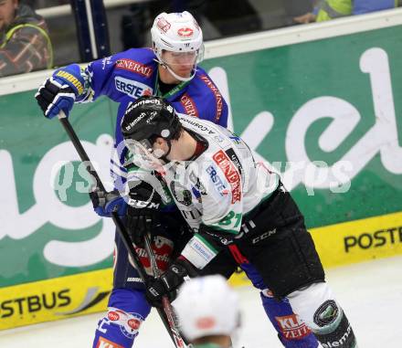 EBEL. Eishockey Bundesliga. EC VSV gegen HDD Telemach Olimpija Ljubljana. Adis Alagic,  (VSV), Nicholas Ross  (Laibach). Villach, am 29.9.2013.
Foto: Kuess 


---
pressefotos, pressefotografie, kuess, qs, qspictures, sport, bild, bilder, bilddatenbank