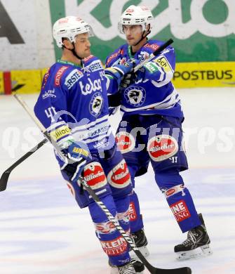 EBEL. Eishockey Bundesliga. EC VSV gegen HDD Telemach Olimpija Ljubljana. Torjubel Curtis Fraser, Klemen Pretnar (VSV). Villach, am 29.9.2013.
Foto: Kuess 


---
pressefotos, pressefotografie, kuess, qs, qspictures, sport, bild, bilder, bilddatenbank