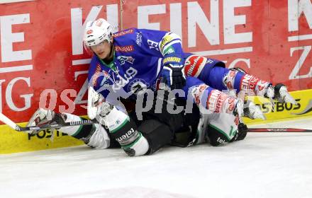 EBEL. Eishockey Bundesliga. EC VSV gegen HDD Telemach Olimpija Ljubljana. Stefan Bacher,  (VSV), Matej Hocevar  (Laibach). Villach, am 29.9.2013.
Foto: Kuess 


---
pressefotos, pressefotografie, kuess, qs, qspictures, sport, bild, bilder, bilddatenbank