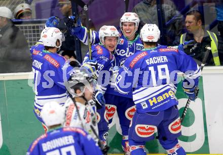 EBEL. Eishockey Bundesliga. EC VSV gegen HDD Telemach Olimpija Ljubljana. Torjubel Alexander Rauchenwald, Patrick Platzer, Benjamin Petrik, Stefan Bacher, Nico Brunner (VSV). Villach, am 29.9.2013.
Foto: Kuess 


---
pressefotos, pressefotografie, kuess, qs, qspictures, sport, bild, bilder, bilddatenbank