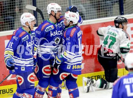 EBEL. Eishockey Bundesliga. EC VSV gegen HDD Telemach Olimpija Ljubljana. Torjubel Curtis Fraser, Brock McBride, Daniel Nageler (VSV). Villach, am 29.9.2013.
Foto: Kuess 


---
pressefotos, pressefotografie, kuess, qs, qspictures, sport, bild, bilder, bilddatenbank