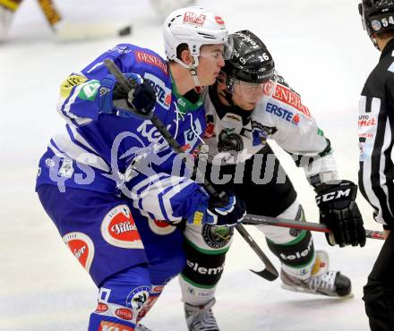 EBEL. Eishockey Bundesliga. EC VSV gegen HDD Telemach Olimpija Ljubljana. Alexander Rauchenwald, (VSV),  Ales Music (Laibach). Villach, am 29.9.2013.
Foto: Kuess 


---
pressefotos, pressefotografie, kuess, qs, qspictures, sport, bild, bilder, bilddatenbank