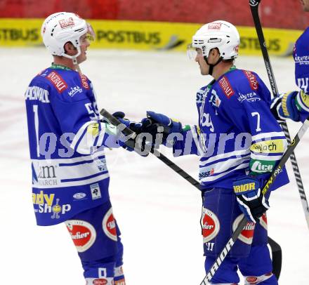 EBEL. Eishockey Bundesliga. EC VSV gegen HDD Telemach Olimpija Ljubljana. Jubel Alexander Rauchenwald, Klemen Pretnar (VSV). Villach, am 29.9.2013.
Foto: Kuess 


---
pressefotos, pressefotografie, kuess, qs, qspictures, sport, bild, bilder, bilddatenbank