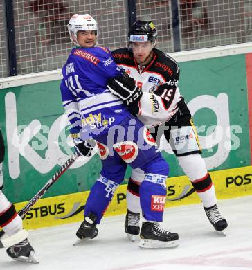 EBEL. Eishockey Bundesliga. EC VSV gegen HC Orli Znojmo. Curtis Fraser,  (VSV), Antonin Boruta (Orli Znojmo). Villach, am 6.10..2013.
Foto: Kuess 


---
pressefotos, pressefotografie, kuess, qs, qspictures, sport, bild, bilder, bilddatenbank