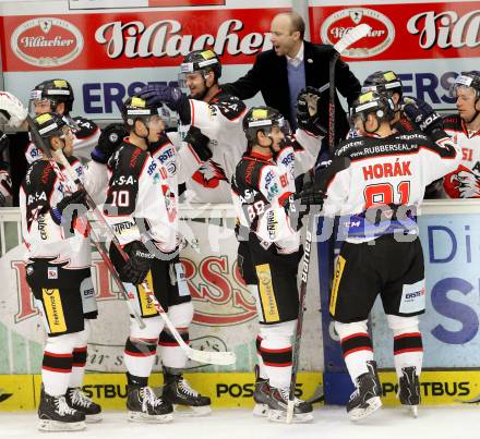 EBEL. Eishockey Bundesliga. EC VSV gegen HC Orli Znojmo. torjubel (Orli Znojmo). Villach, am 6.10..2013.
Foto: Kuess 


---
pressefotos, pressefotografie, kuess, qs, qspictures, sport, bild, bilder, bilddatenbank