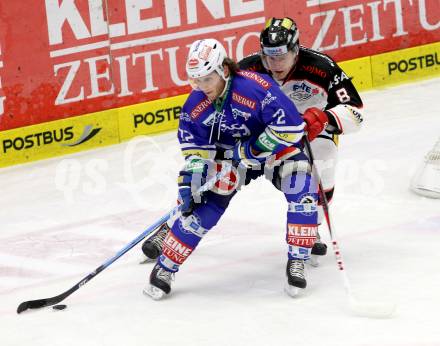 EBEL. Eishockey Bundesliga. EC VSV gegen HC Orli Znojmo. John Hughes, (VSV), Jan Mueller  (Orli Znojmo). Villach, am 6.10..2013.
Foto: Kuess 


---
pressefotos, pressefotografie, kuess, qs, qspictures, sport, bild, bilder, bilddatenbank