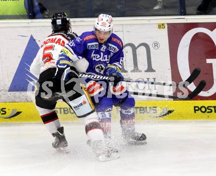 EBEL. Eishockey Bundesliga. EC VSV gegen HC Orli Znojmo. Marius Goehringer, (VSV), Andrew Thomas  (Orli Znojmo). Villach, am 6.10..2013.
Foto: Kuess 


---
pressefotos, pressefotografie, kuess, qs, qspictures, sport, bild, bilder, bilddatenbank