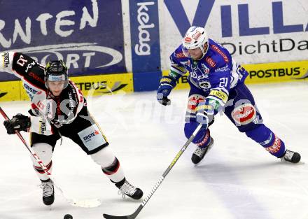 EBEL. Eishockey Bundesliga. EC VSV gegen HC Orli Znojmo. Benjamin Petrik, (VSV), David Bartos  (Orli Znojmo). Villach, am 6.10..2013.
Foto: Kuess 


---
pressefotos, pressefotografie, kuess, qs, qspictures, sport, bild, bilder, bilddatenbank