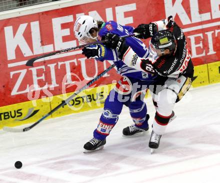 EBEL. Eishockey Bundesliga. EC VSV gegen HC Orli Znojmo. Brock McBride, (VSV), Adam Havlik  (Orli Znojmo). Villach, am 6.10..2013.
Foto: Kuess 


---
pressefotos, pressefotografie, kuess, qs, qspictures, sport, bild, bilder, bilddatenbank