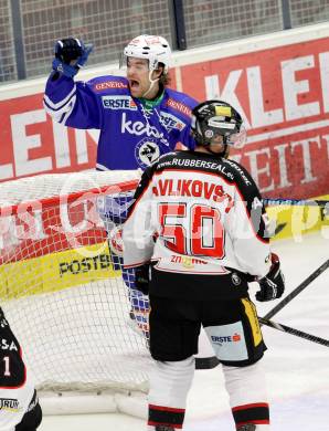 EBEL. Eishockey Bundesliga. EC VSV gegen HC Orli Znojmo.  Jubel Brock McBride (VSV). Villach, am 6.10..2013.
Foto: Kuess 


---
pressefotos, pressefotografie, kuess, qs, qspictures, sport, bild, bilder, bilddatenbank