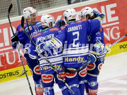 EBEL. Eishockey Bundesliga. EC VSV gegen HC TWK Innsbruck. Jubel Derek Ryan, Markus Peintner, Cole Jarrett, John Hughes (VSV). Villach, am 8.10..2013.
Foto: Kuess 


---
pressefotos, pressefotografie, kuess, qs, qspictures, sport, bild, bilder, bilddatenbank