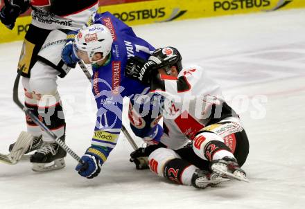 EBEL. Eishockey Bundesliga. EC VSV gegen HC TWK Innsbruck. Derek Ryan, (VSV), Christoph Hoertnagl  (Innsbruck). Villach, am 8.10..2013.
Foto: Kuess 


---
pressefotos, pressefotografie, kuess, qs, qspictures, sport, bild, bilder, bilddatenbank