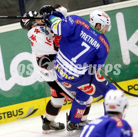 EBEL. Eishockey Bundesliga. EC VSV gegen HC TWK Innsbruck. Klemen Pretnar, (VSV), Christoph Echtler  (Innsbruck). Villach, am 8.10..2013.
Foto: Kuess 


---
pressefotos, pressefotografie, kuess, qs, qspictures, sport, bild, bilder, bilddatenbank