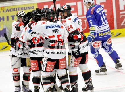 EBEL. Eishockey Bundesliga. EC VSV gegen HC TWK Innsbruck.  Torjubel (Innsbruck). Villach, am 8.10..2013.
Foto: Kuess 


---
pressefotos, pressefotografie, kuess, qs, qspictures, sport, bild, bilder, bilddatenbank