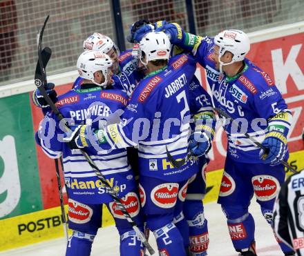 EBEL. Eishockey Bundesliga. EC VSV gegen HC TWK Innsbruck. Jubel Derek Ryan, Markus Peintner, Cole Jarrett, John Hughes, Gerhard Unterluggauer (VSV). Villach, am 8.10..2013.
Foto: Kuess 


---
pressefotos, pressefotografie, kuess, qs, qspictures, sport, bild, bilder, bilddatenbank