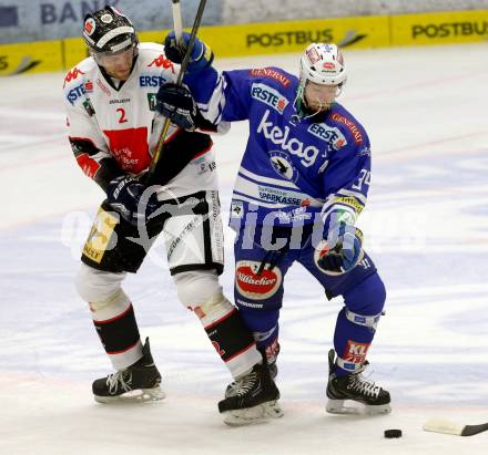 EBEL. Eishockey Bundesliga. EC VSV gegen HC TWK Innsbruck. Markus Peintner,  (VSV), Marek Malik (Innsbruck). Villach, am 8.10..2013.
Foto: Kuess 


---
pressefotos, pressefotografie, kuess, qs, qspictures, sport, bild, bilder, bilddatenbank