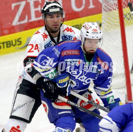 EBEL. Eishockey Bundesliga. EC VSV gegen HC TWK Innsbruck. Markus Peintner,  (VSV), Florian Pedevilla (Innsbruck). Villach, am 8.10..2013.
Foto: Kuess 


---
pressefotos, pressefotografie, kuess, qs, qspictures, sport, bild, bilder, bilddatenbank