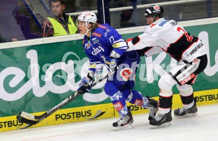 EBEL. Eishockey Bundesliga. EC VSV gegen HC TWK Innsbruck. Michael Forney,  (VSV), Marek Malik (Innsbruck). Villach, am 8.10..2013.
Foto: Kuess 


---
pressefotos, pressefotografie, kuess, qs, qspictures, sport, bild, bilder, bilddatenbank