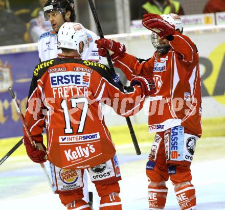 EBEL. Eishockey Bundesliga. KAC gegen SAPA Fehervar AV19. Torjubel Colton Fretter, Tyler Scofield (KAC). Klagenfurt, am 8.10.2013
Foto: Kuess 

---
pressefotos, pressefotografie, kuess, qs, qspictures, sport, bild, bilder, bilddatenbank