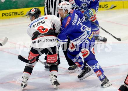 EBEL. Eishockey Bundesliga. EC VSV gegen HC TWK Innsbruck. Marius Goehringer, (VSV), Herbert Steiner  (Innsbruck). Villach, am 8.10..2013.
Foto: Kuess 


---
pressefotos, pressefotografie, kuess, qs, qspictures, sport, bild, bilder, bilddatenbank