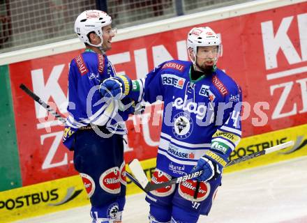 EBEL. Eishockey Bundesliga. EC VSV gegen HC TWK Innsbruck. Jubel Derek Ryan, Markus Peintner (VSV). Villach, am 8.10..2013.
Foto: Kuess 


---
pressefotos, pressefotografie, kuess, qs, qspictures, sport, bild, bilder, bilddatenbank