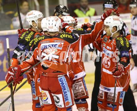 EBEL. Eishockey Bundesliga. KAC gegen SAPA Fehervar AV19. Torjubel   (KAC). Klagenfurt, am 8.10.2013
Foto: Kuess 

---
pressefotos, pressefotografie, kuess, qs, qspictures, sport, bild, bilder, bilddatenbank