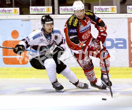 EBEL. Eishockey Bundesliga. KAC gegen SAPA Fehervar AV19. Kirk Furey,  (KAC), Adam Naglich (Alba Volan). Klagenfurt, am 8.10.2013
Foto: Kuess 

---
pressefotos, pressefotografie, kuess, qs, qspictures, sport, bild, bilder, bilddatenbank