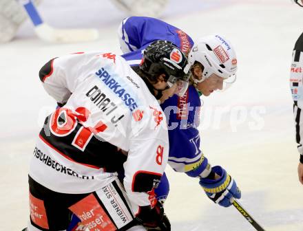 EBEL. Eishockey Bundesliga. EC VSV gegen HC TWK Innsbruck. Michael Forney, (VSV), Justin Donati  (Innsbruck). Villach, am 8.10..2013.
Foto: Kuess 


---
pressefotos, pressefotografie, kuess, qs, qspictures, sport, bild, bilder, bilddatenbank