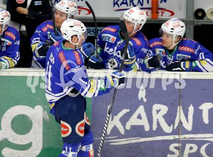 EBEL. Eishockey Bundesliga. EC VSV gegen HC TWK Innsbruck. Jubel Derek Ryan (VSV). Villach, am 8.10..2013.
Foto: Kuess 


---
pressefotos, pressefotografie, kuess, qs, qspictures, sport, bild, bilder, bilddatenbank