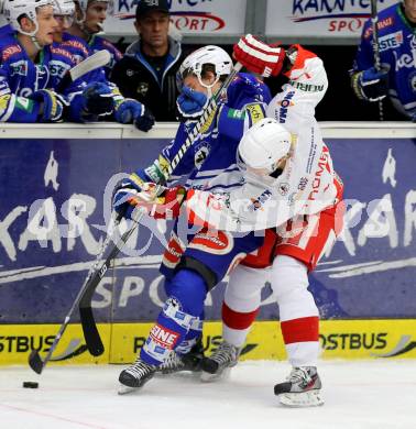 EBEL. Eishockey Bundesliga. EC VSV gegen HCB Suedtirol. Marius Goehringer,  (VSV), Kim Stroemberg (Bozen). Villach, am 11.10..2013.
Foto: Kuess 


---
pressefotos, pressefotografie, kuess, qs, qspictures, sport, bild, bilder, bilddatenbank