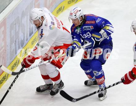 EBEL. Eishockey Bundesliga. EC VSV gegen HCB Suedtirol.  Michael Forney,  (VSV), Alexander Egger (Bozen). Villach, am 11.10..2013.
Foto: Kuess 


---
pressefotos, pressefotografie, kuess, qs, qspictures, sport, bild, bilder, bilddatenbank