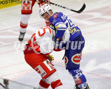 EBEL. Eishockey Bundesliga. EC VSV gegen HCB Suedtirol.  Patrick Platzer,  (VSV), Sebastien Pieche (Bozen). Villach, am 11.10..2013.
Foto: Kuess 


---
pressefotos, pressefotografie, kuess, qs, qspictures, sport, bild, bilder, bilddatenbank