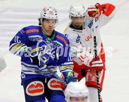 EBEL. Eishockey Bundesliga. EC VSV gegen HCB Suedtirol. Brock McBride,  (VSV), Hannes Oberdoerfer (Bozen). Villach, am 11.10..2013.
Foto: Kuess 


---
pressefotos, pressefotografie, kuess, qs, qspictures, sport, bild, bilder, bilddatenbank