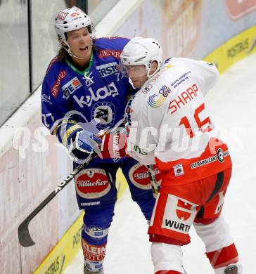 EBEL. Eishockey Bundesliga. EC VSV gegen HCB Suedtirol.  Michael Forney,  (VSV), MacGregor Sharp (Bozen). Villach, am 11.10..2013.
Foto: Kuess 


---
pressefotos, pressefotografie, kuess, qs, qspictures, sport, bild, bilder, bilddatenbank