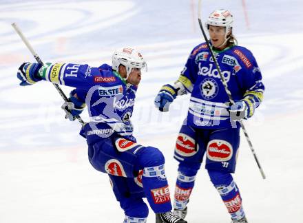 EBEL. Eishockey Bundesliga. EC VSV gegen HCB Suedtirol. Torjubel Curtis Fraser, Michael Forney (VSV). Villach, am 11.10..2013.
Foto: Kuess 


---
pressefotos, pressefotografie, kuess, qs, qspictures, sport, bild, bilder, bilddatenbank