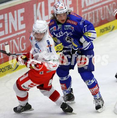 EBEL. Eishockey Bundesliga. EC VSV gegen HCB Suedtirol. Michael Forney,  (VSV), Matt Tomassoni (Bozen). Villach, am 11.10..2013.
Foto: Kuess 


---
pressefotos, pressefotografie, kuess, qs, qspictures, sport, bild, bilder, bilddatenbank