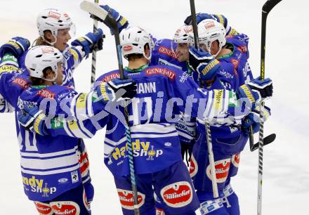 EBEL. Eishockey Bundesliga. EC VSV gegen HCB Suedtirol. Torjubel Curtis Fraser, Michael Forney, Klemen Pretnar, Brock McBride, Mario Altmann (VSV). Villach, am 11.10..2013.
Foto: Kuess 


---
pressefotos, pressefotografie, kuess, qs, qspictures, sport, bild, bilder, bilddatenbank