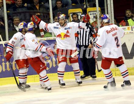 EBEL. Eishockey Bundesliga. KAC gegen EC Red Bull Salzburg. Torjubel (Salzburg). Klagenfurt, am 13.10.2013
Foto: Kuess 

---
pressefotos, pressefotografie, kuess, qs, qspictures, sport, bild, bilder, bilddatenbank