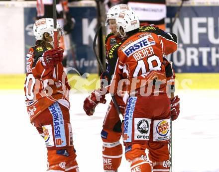 EBEL. Eishockey Bundesliga. KAC gegen HC TWK Innsbruck Die Haie. Torjubel Mike Siklenka, Florian Iberer John Lammers (KAC). Klagenfurt, am 18.10.2013.
Foto: Kuess
---
pressefotos, pressefotografie, kuess, qs, qspictures, sport, bild, bilder, bilddatenbank