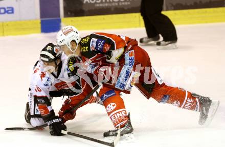 EBEL. Eishockey Bundesliga. KAC gegen HC TWK Innsbruck. Patrick Vallant, (KAC),  Christoph Echtler  (Innsbruck). Klagenfurt, am 18.10.2013
Foto: Kuess 

---
pressefotos, pressefotografie, kuess, qs, qspictures, sport, bild, bilder, bilddatenbank