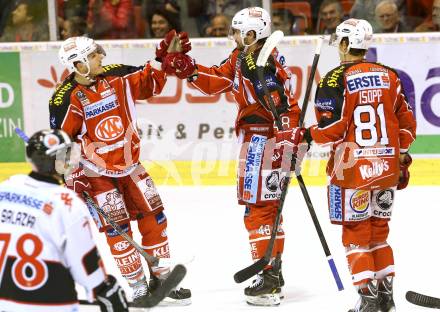 EBEL. Eishockey Bundesliga. KAC gegen HC TWK Innsbruck Die Haie. Torjubel Manuel Geier, Florian Ibererm Maximilian Isopp (KAC). Klagenfurt, am 18.10.2013.
Foto: Kuess
---
pressefotos, pressefotografie, kuess, qs, qspictures, sport, bild, bilder, bilddatenbank