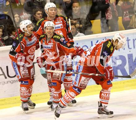 EBEL. Eishockey Bundesliga. KAC gegen HC TWK Innsbruck Die Haie. Torjubel Markus Pirmann, Johannes Reichel, Philipp Kreuzer, Mike Siklenka (KAC). Klagenfurt, am 18.10.2013.
Foto: Kuess
---
pressefotos, pressefotografie, kuess, qs, qspictures, sport, bild, bilder, bilddatenbank