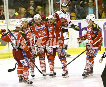 EBEL. Eishockey Bundesliga. KAC gegen HC TWK Innsbruck Die Haie. Torjubel Thomas Poeck, Tyler Spurgeon, Tyler Scofield, Jamie Lundmark, Kirk Furey (KAC). Klagenfurt, am 18.10.2013.
Foto: Kuess
---
pressefotos, pressefotografie, kuess, qs, qspictures, sport, bild, bilder, bilddatenbank