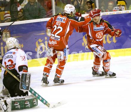 EBEL. Eishockey Bundesliga. KAC gegen HC TWK Innsbruck Die Haie. Torjubel Thomas Poeck, Tyler Spurgeon (KAC). Klagenfurt, am 18.10.2013.
Foto: Kuess
---
pressefotos, pressefotografie, kuess, qs, qspictures, sport, bild, bilder, bilddatenbank