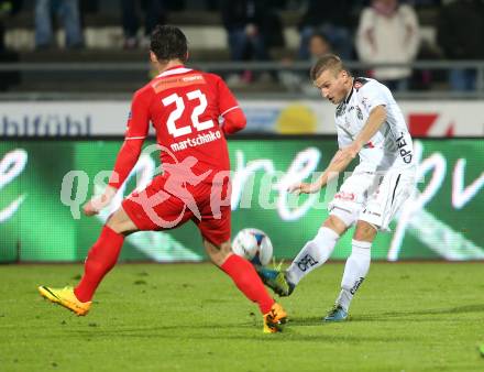 Fussball Bundesliga. RZ Pellets WAC gegen SC Wiener Neustadt. Manuel Kerhe (WAC), Christoph Martschinko (Wiener Neustadt). Wolfsberg, am 19.10.2013.
Foto: Kuess
---
pressefotos, pressefotografie, kuess, qs, qspictures, sport, bild, bilder, bilddatenbank