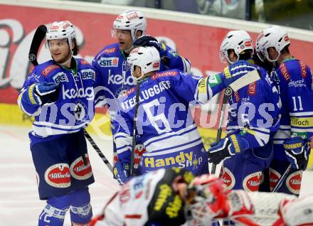 EBEL. Eishockey Bundesliga. EC VSV gegen KAC. Torjubel Gerhard Unterluggauer, Cole Jarrett, John Hughes, Derek Ryan, Marco Pewal (VSV). Villach, am 22.10..2013.
Foto: Kuess 


---
pressefotos, pressefotografie, kuess, qs, qspictures, sport, bild, bilder, bilddatenbank