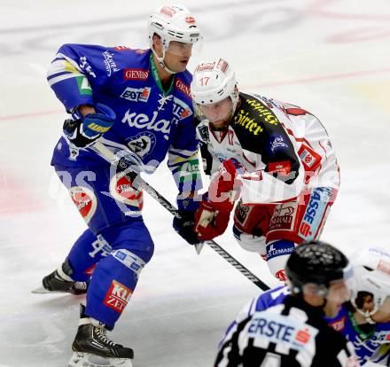 EBEL. Eishockey Bundesliga. EC VSV gegen KAC. Curtis Fraser, (VSV), Colton Fretter  (KAC). Villach, am 22.10..2013.
Foto: Kuess 


---
pressefotos, pressefotografie, kuess, qs, qspictures, sport, bild, bilder, bilddatenbank